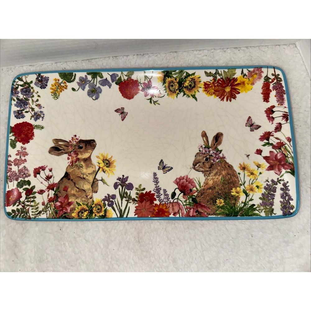 Magenta Easter Bunny Floral Ceramic Serving Platter‎ Rectangular Spring Tray